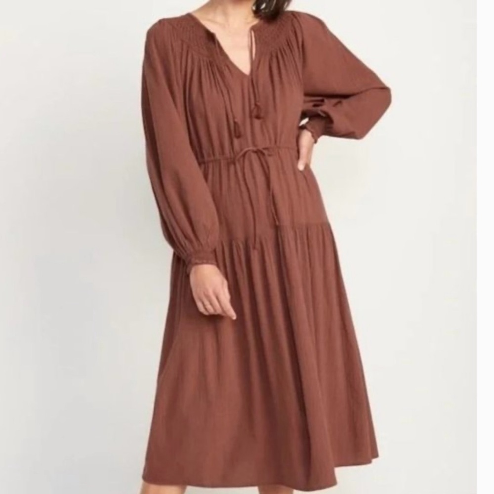 Old Navy Brown Pleated Long Sleeve Sundress - Picture 2 of 8